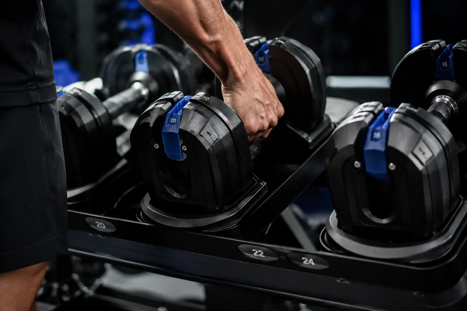 An organized rack of dumbbells