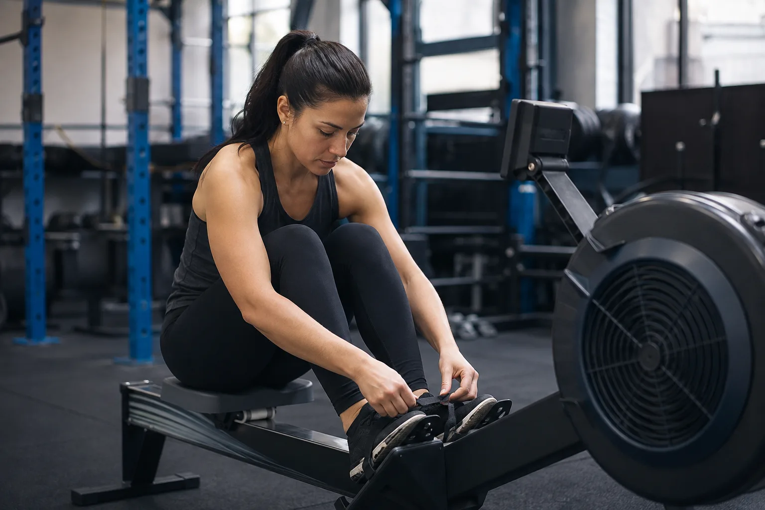 A woman adjusting a rowing machine foot strap