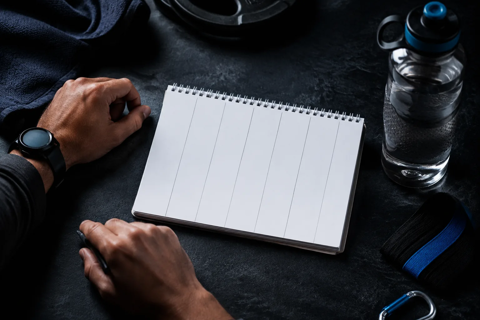 A simple weekly planner beside a water bottle