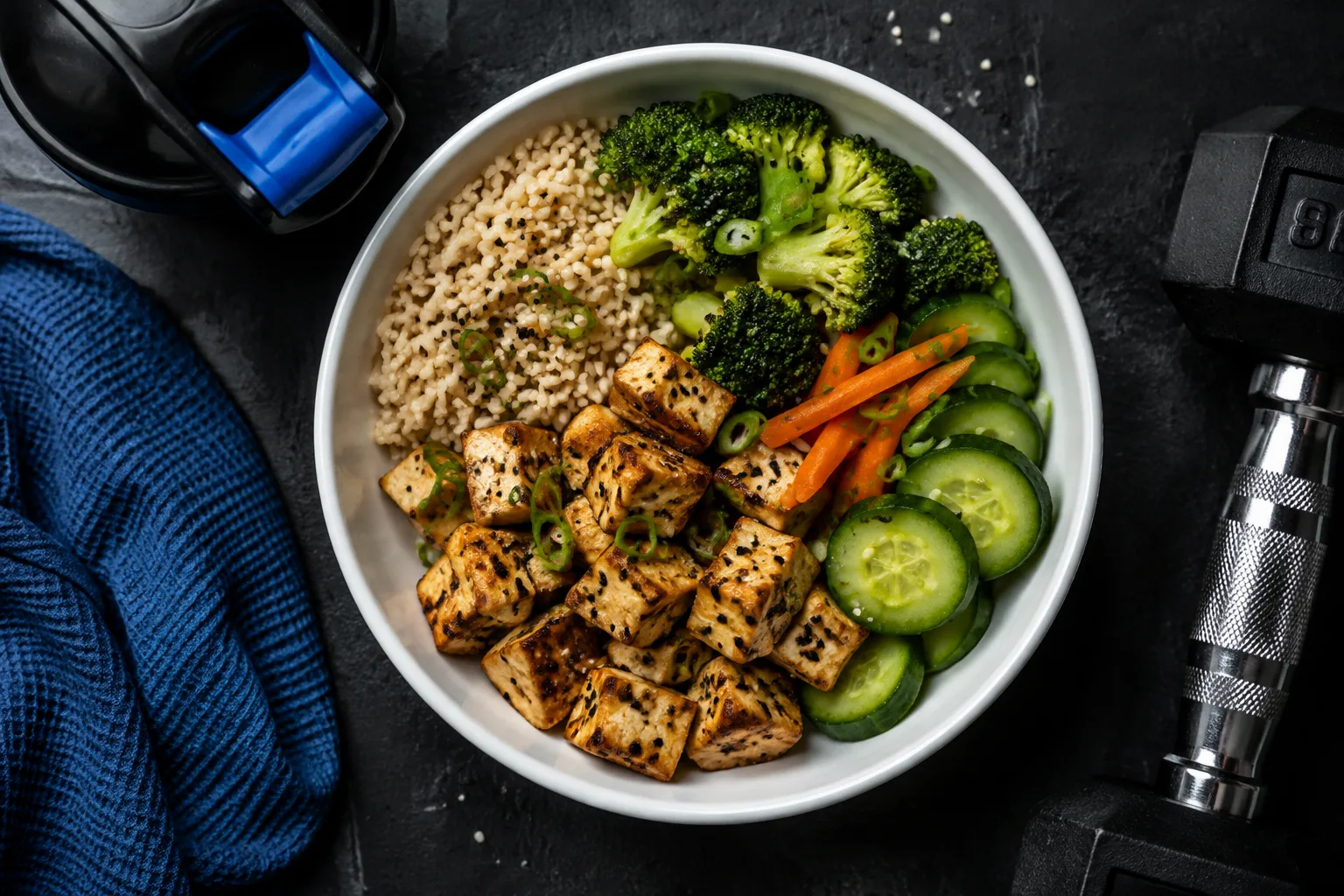 A simple tofu, rice, and vegetable meal