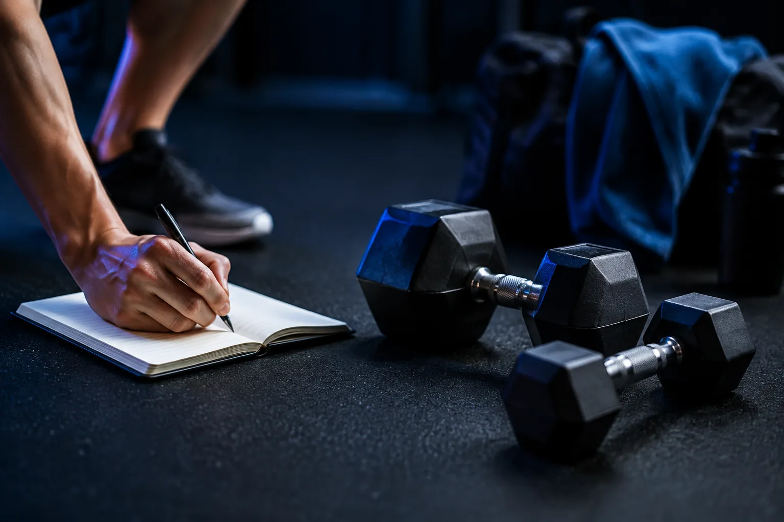 Dumbbells of different sizes beside a notebook
