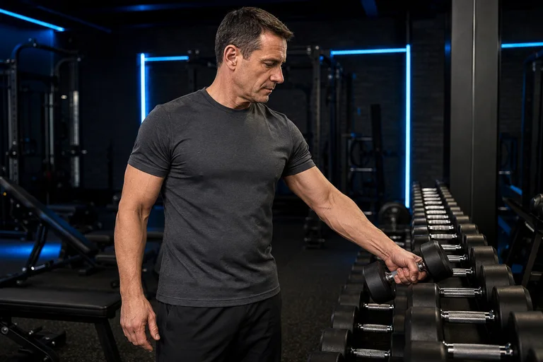 Illustrative male gym visitor selecting a dumbbell from a rack