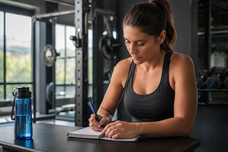 Illustrative prospective client reviewing her goals in a gym lounge