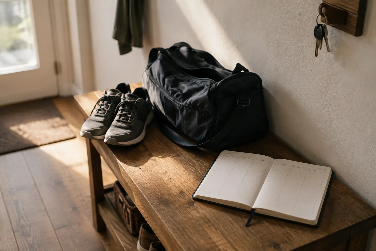 Training shoes, a gym bag, and a weekly planner on an entryway bench