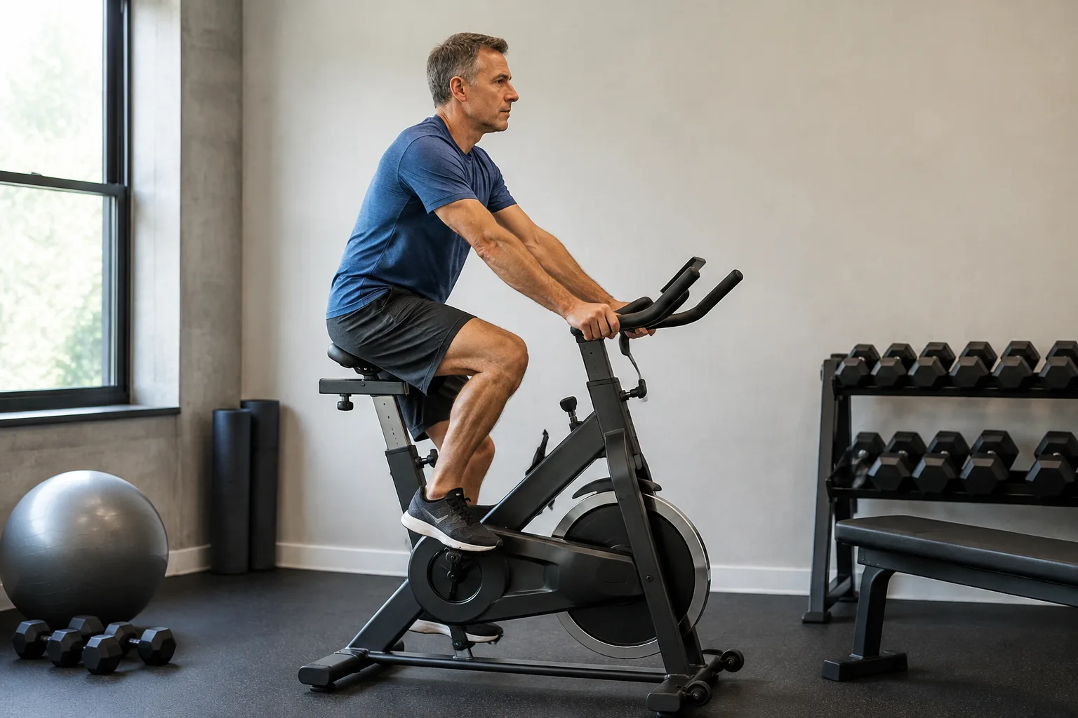 A solo adult cyclist seated on a stationary exercise bike in a bright studio