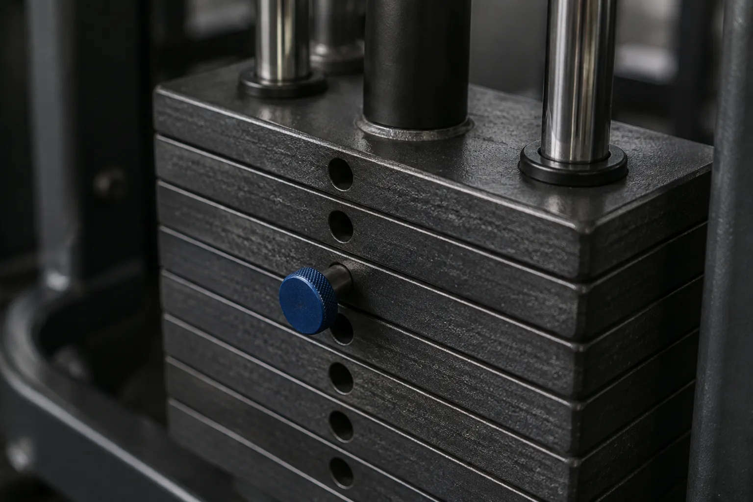 Close view of a cable machine weight stack with its selector pin fully inserted