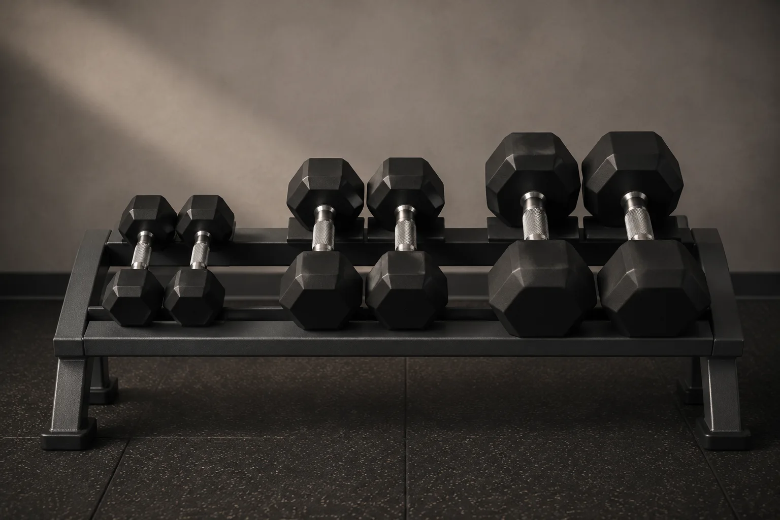 Three pairs of dumbbells arranged by size on a low graphite rack