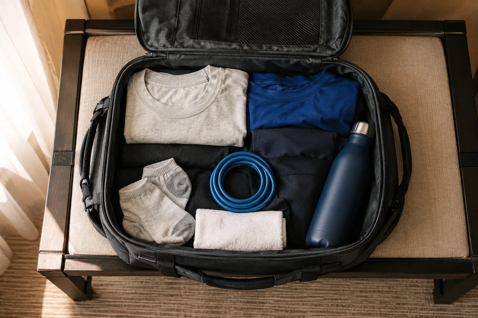 An open travel bag containing exercise clothes, a resistance band, and a water bottle