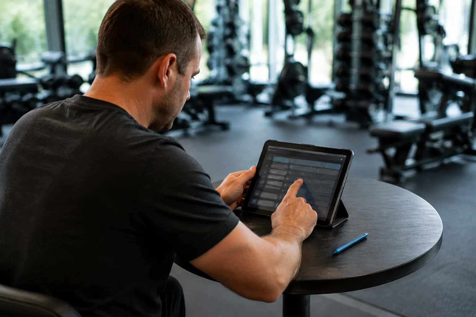 A solo adult seated at a table entering training notes on a tablet