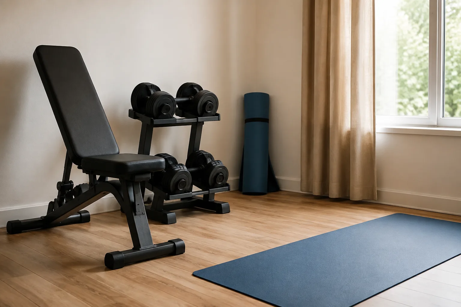 An unoccupied home exercise corner with adjustable dumbbells, a bench, and a rolled mat