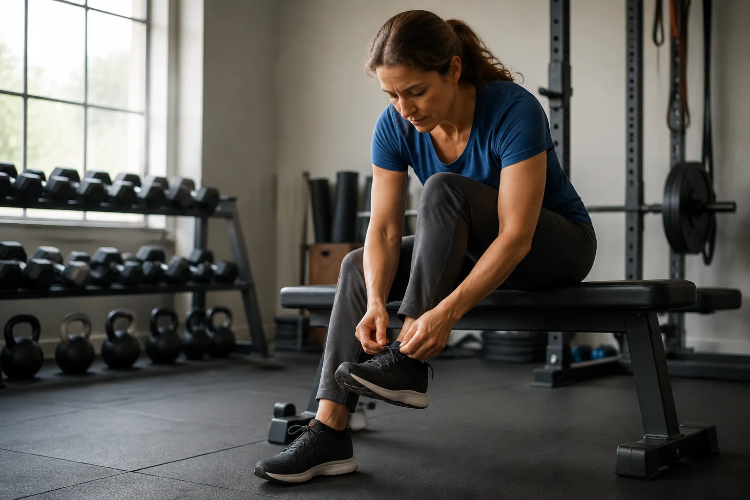 A solo adult woman seated on a gym bench tying her training shoes