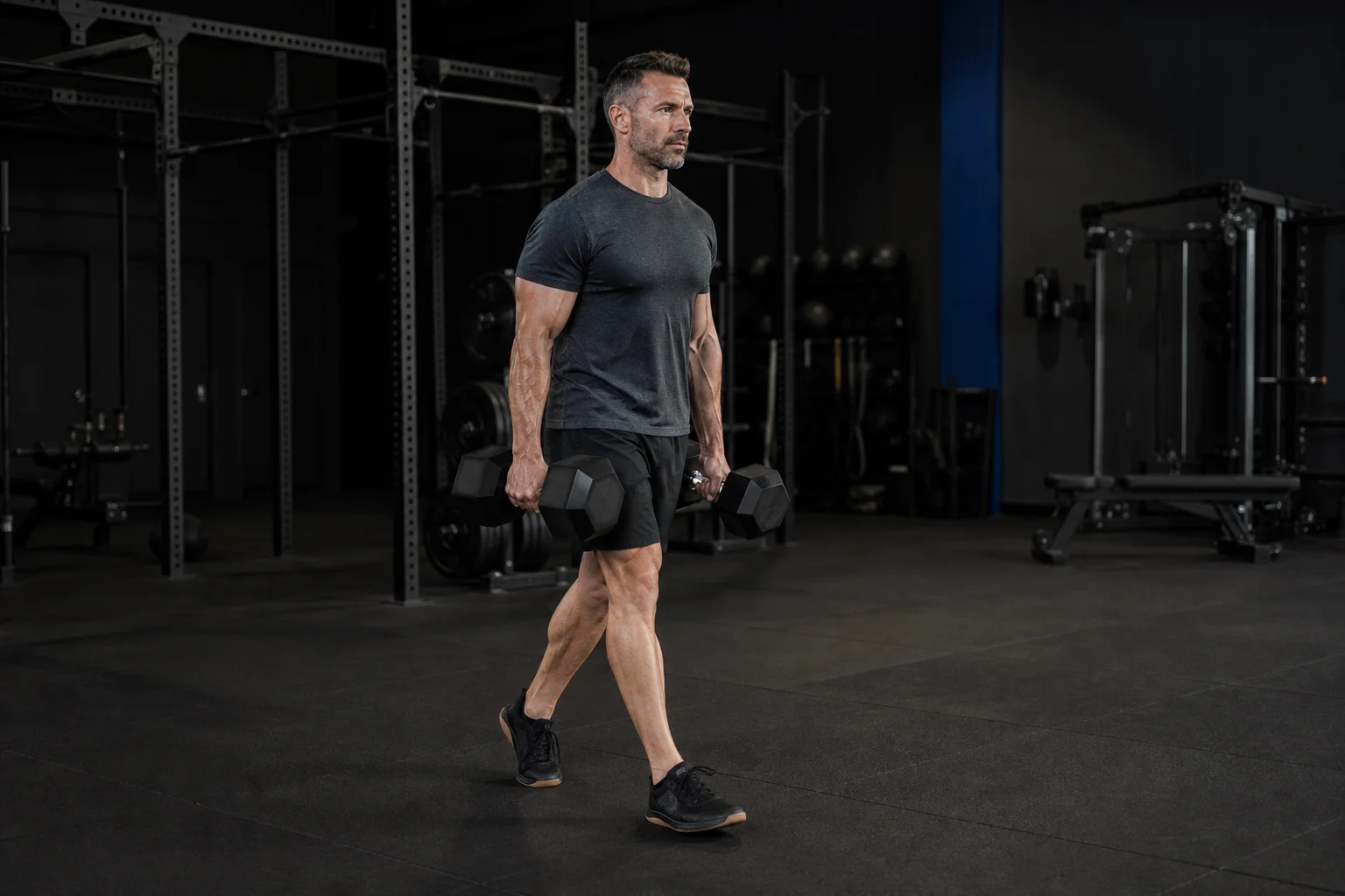 Man performing a farmer carry with dumbbells in a strength studio