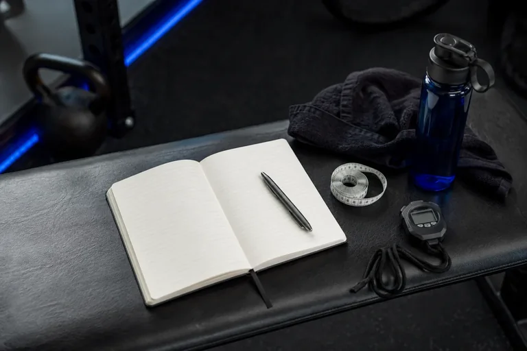 A training notebook, measuring tape, and gym equipment