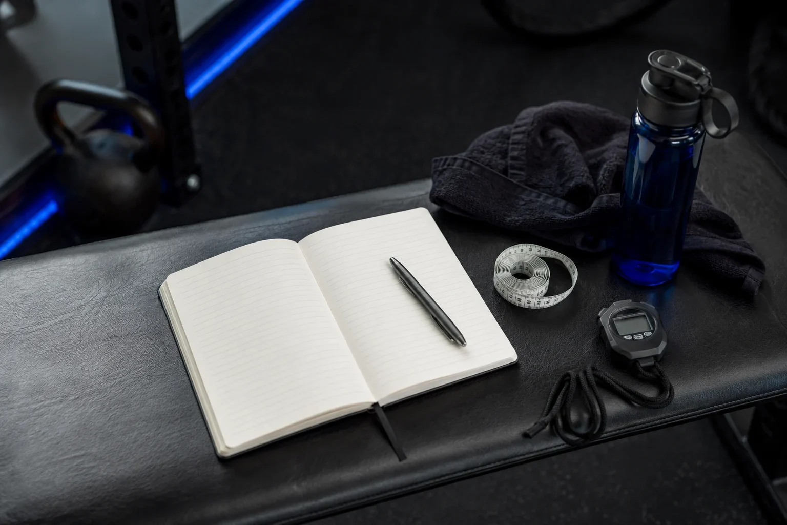 A training notebook, measuring tape, and gym equipment