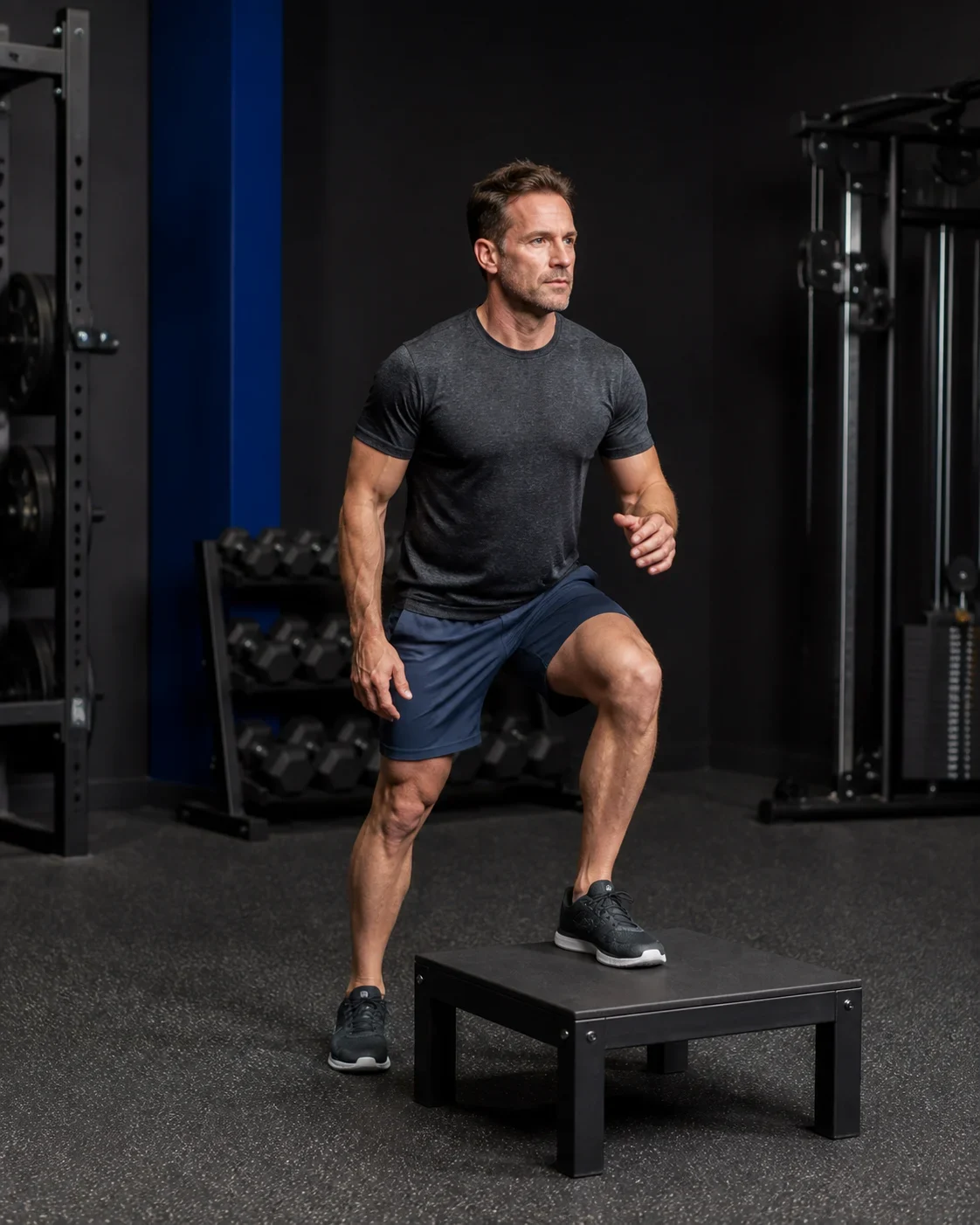 A man performing a controlled step-up exercise