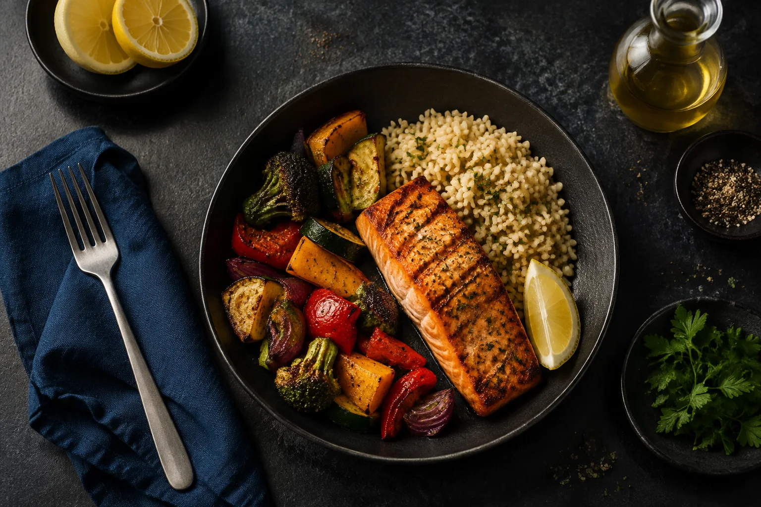 Salmon, rice, vegetables, and citrus arranged on a kitchen counter