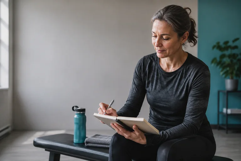 Illustrative adult woman reviewing a training notebook beside a gym bench