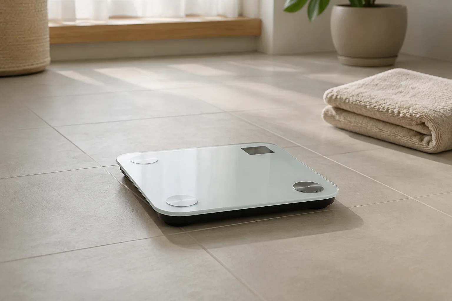 A home scale on a level floor beside a folded towel