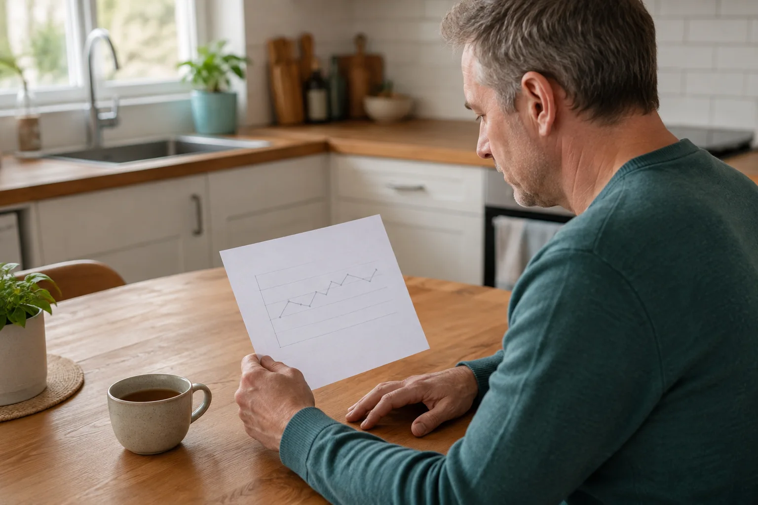 An adult man seated at a kitchen table reviewing a simple weight chart