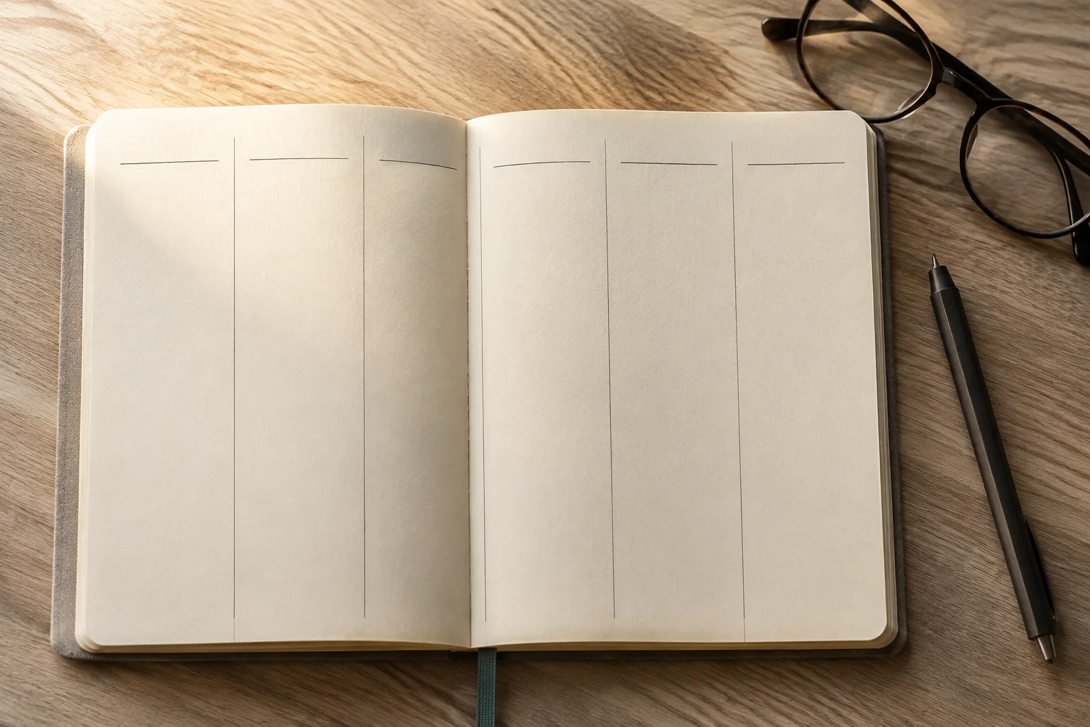An open notebook with simple daily columns beside a pen and reading glasses
