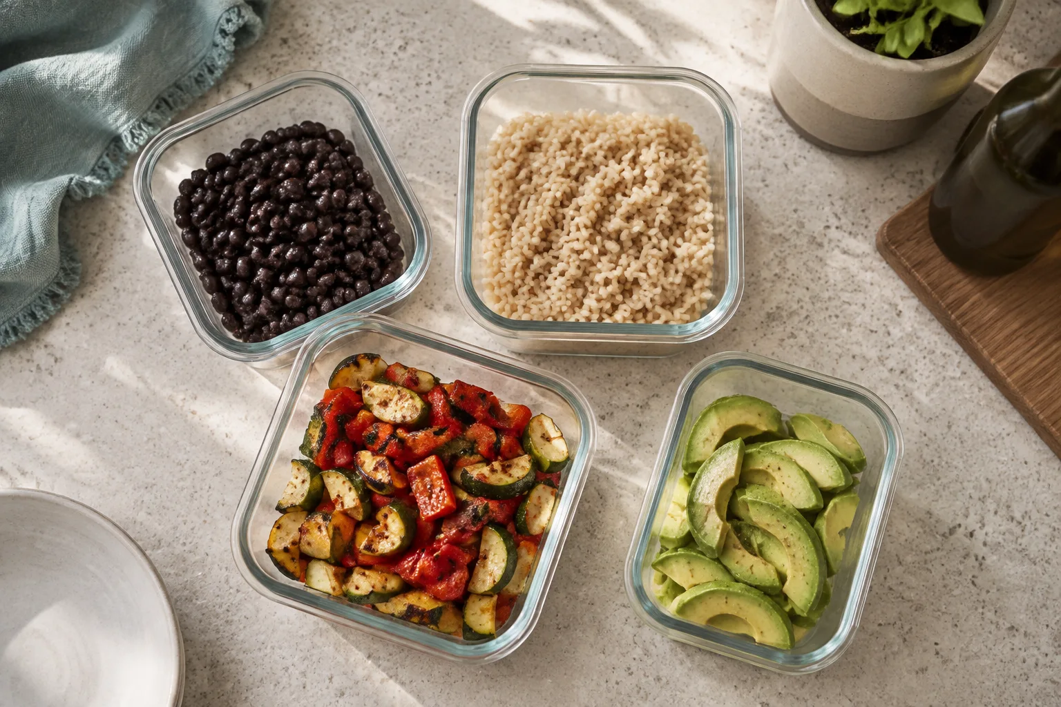 Beans, rice, roasted vegetables, and sliced avocado in separate meal containers