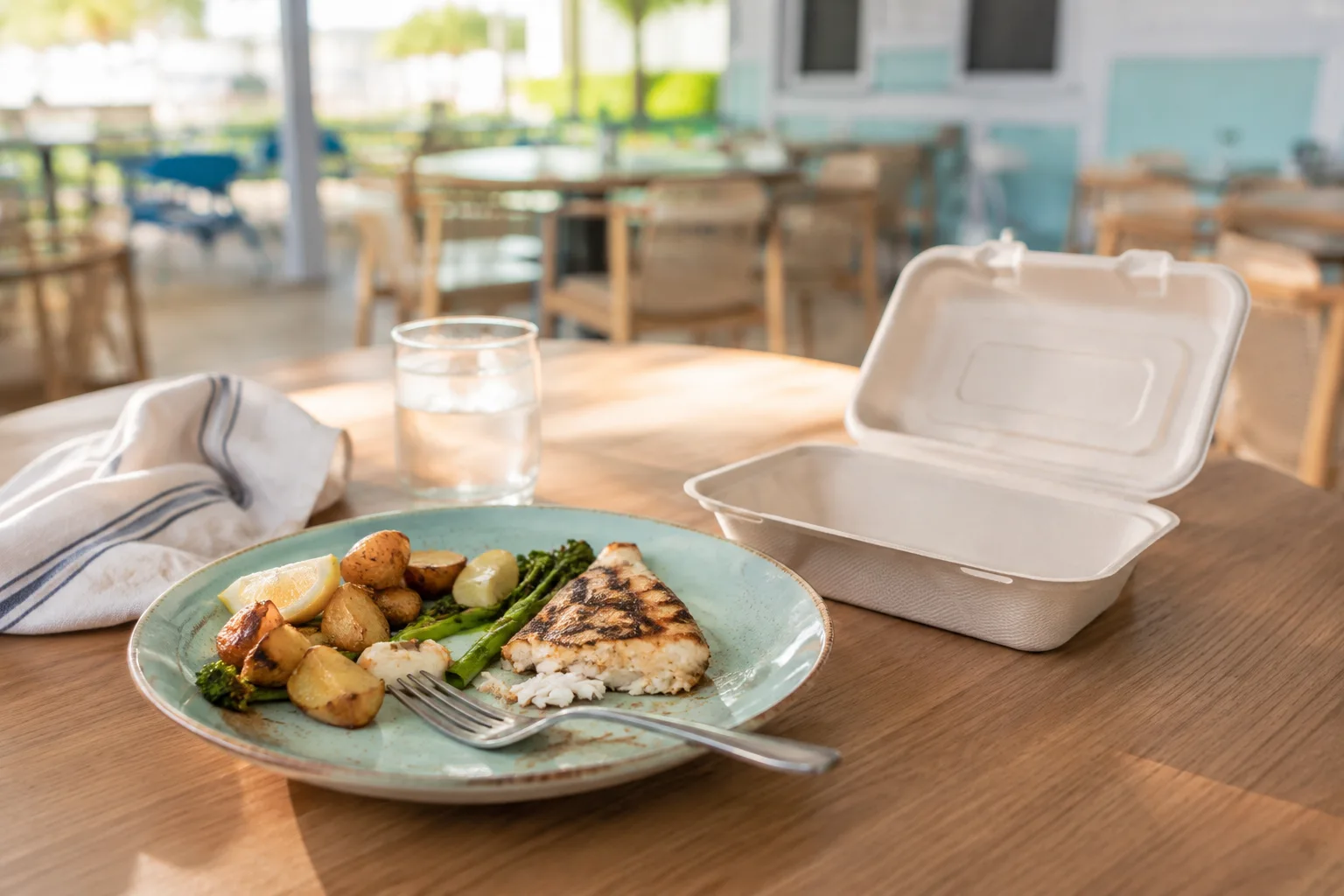 A single place setting with a restaurant meal and a takeaway container nearby