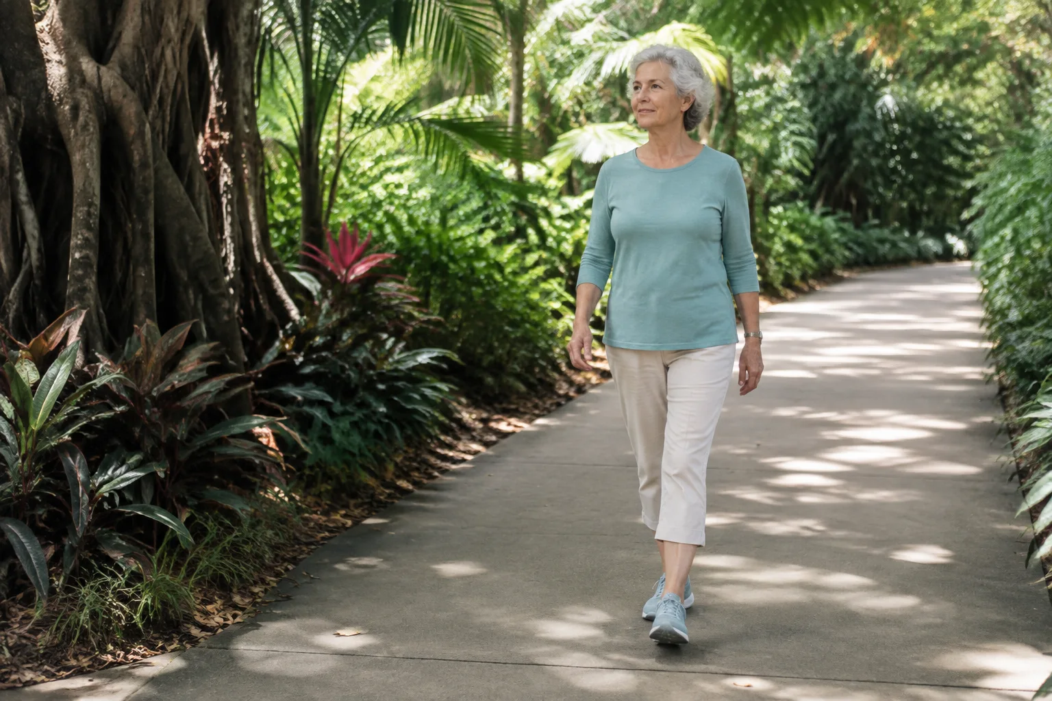 An adult woman walking alone along a shaded path with tropical planting