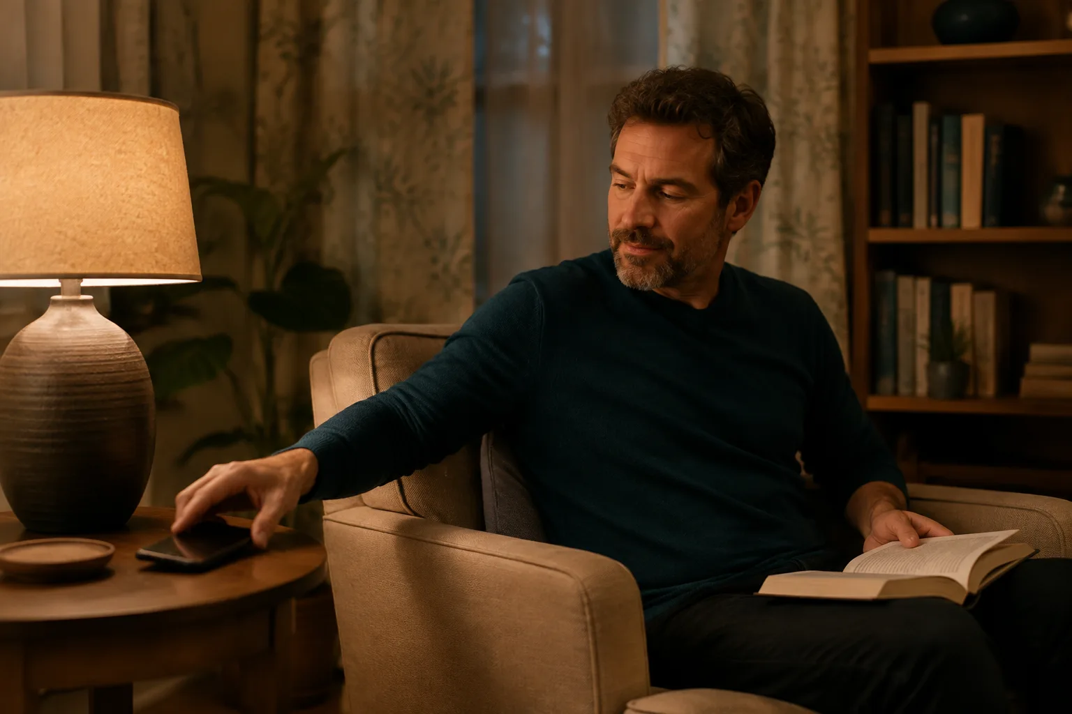 An adult man setting a phone aside while seated in a softly lit living room