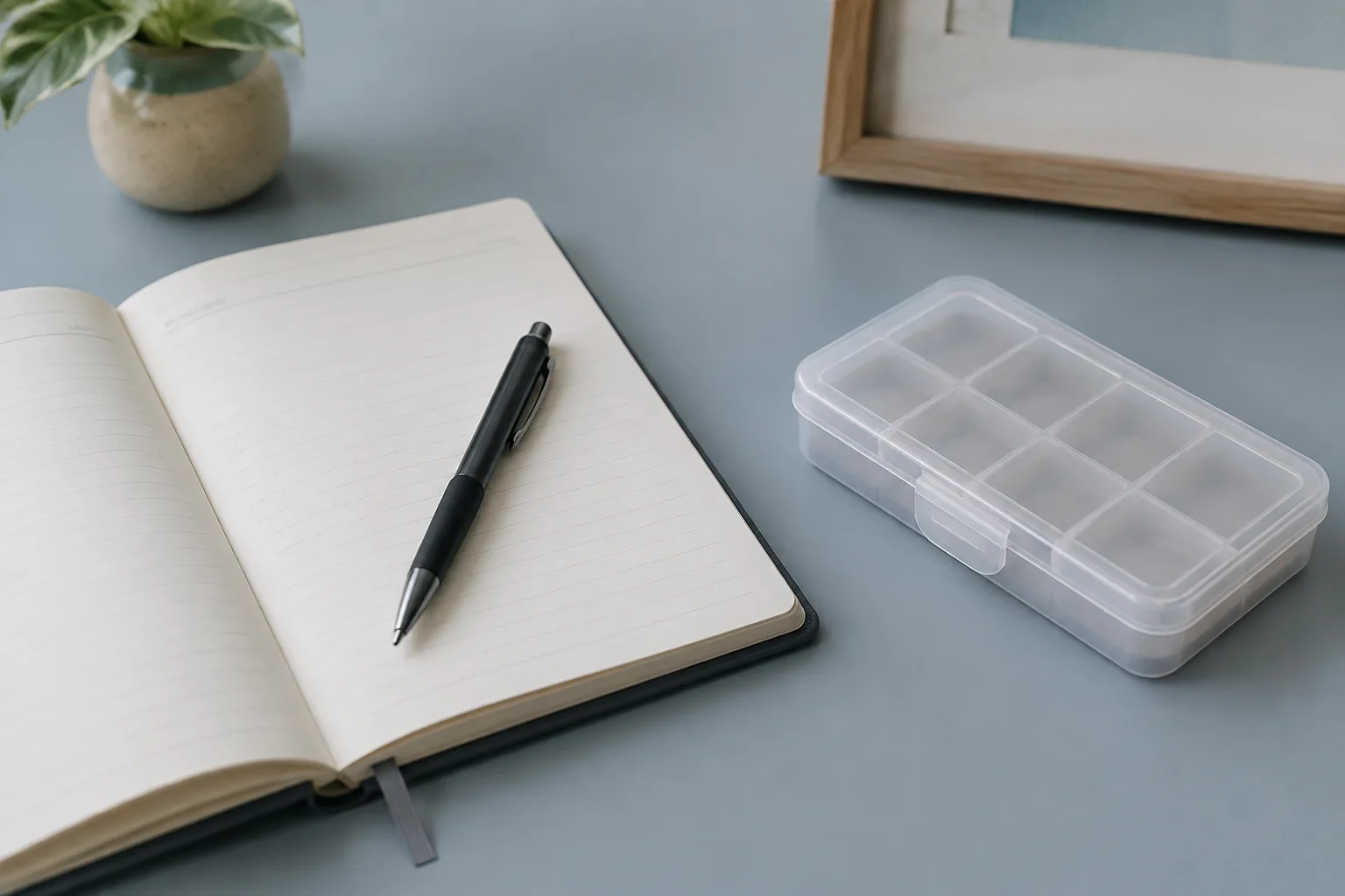 An appointment notebook and a closed medication organizer on a clean desk
