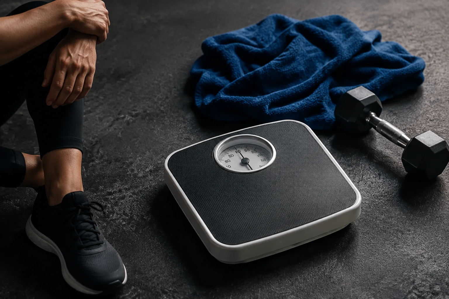 A scale beside a towel and a dumbbell