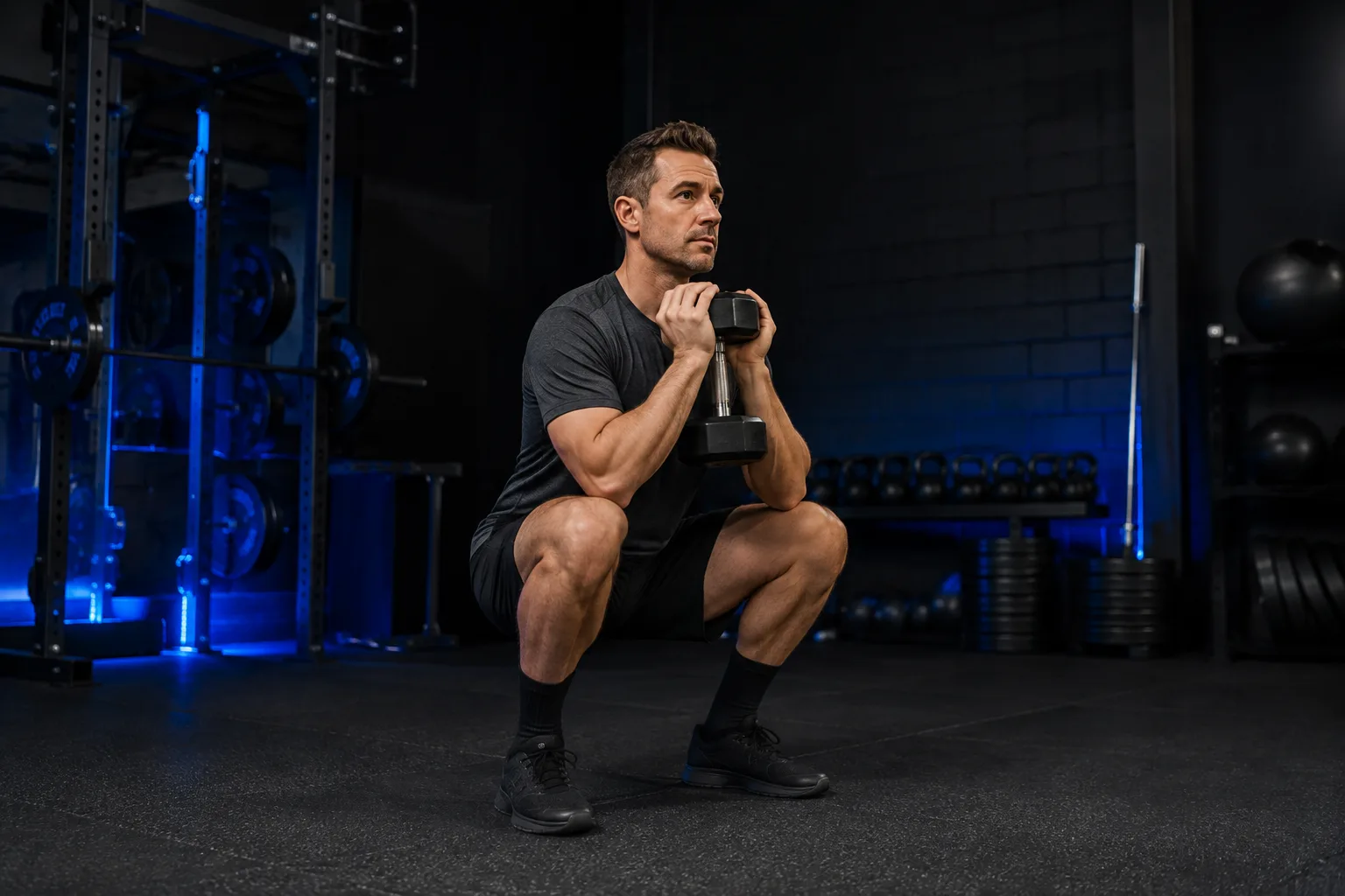 A man practicing a controlled goblet squat
