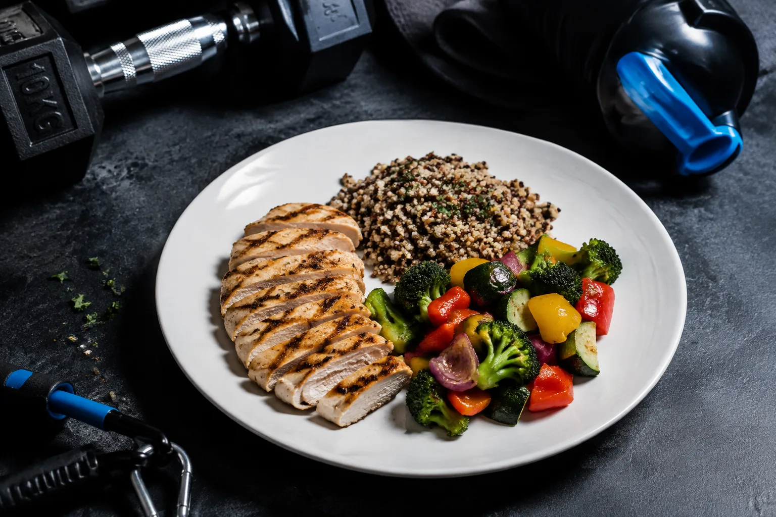An everyday plate of chicken, grains, and vegetables