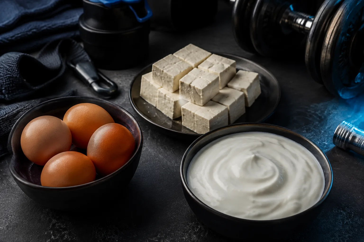 Eggs, tofu, and plain yogurt arranged on a counter