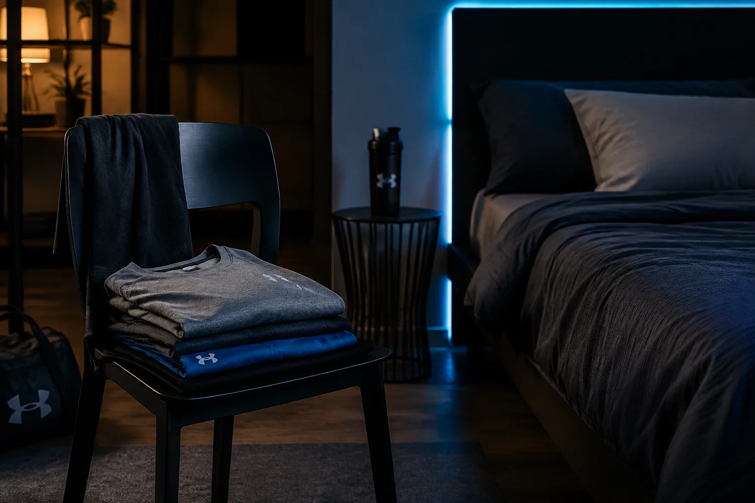 A calm bedroom with training clothes prepared for morning