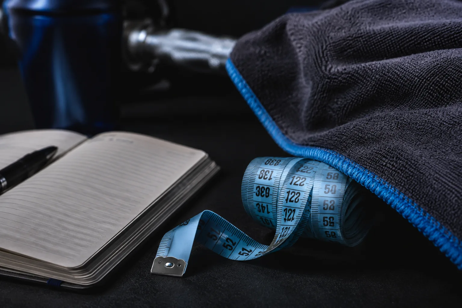 A measuring tape beside a notebook and towel