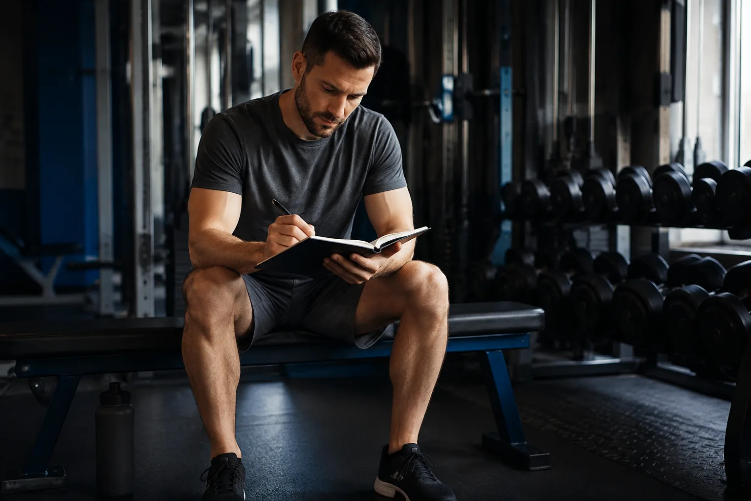 A client reviewing his training notebook