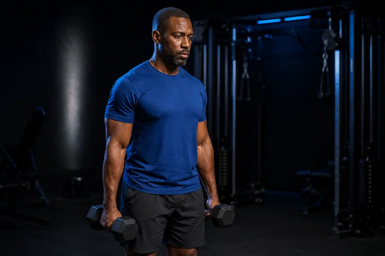 Illustrative adult man holding dumbbells in a studio gym