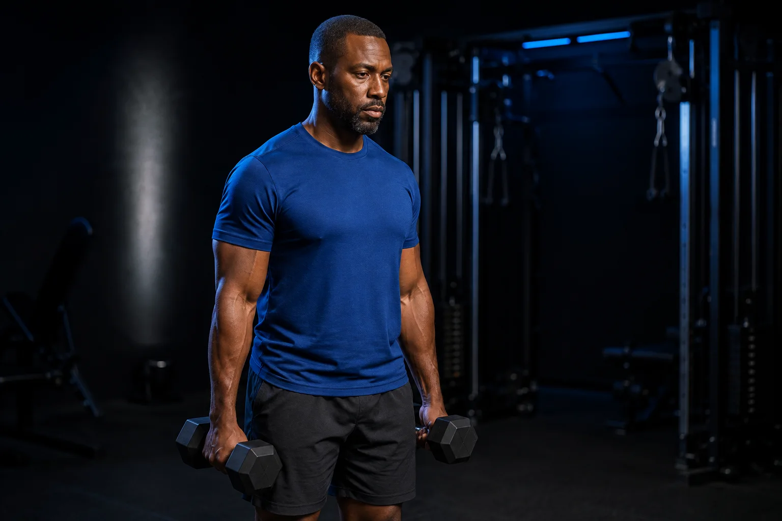 Illustrative adult man holding dumbbells in a studio gym