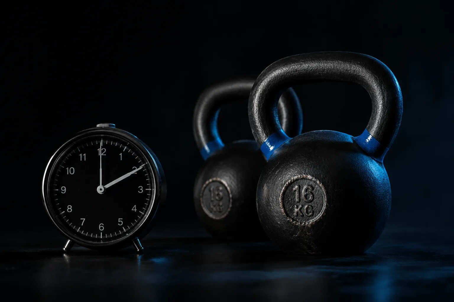 A clock and kettlebells in the gym