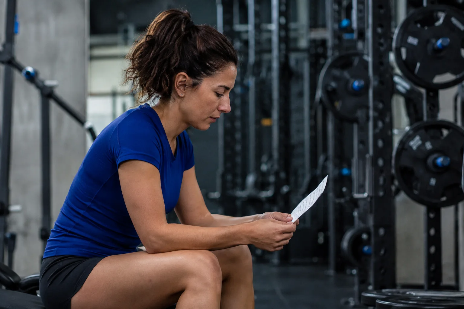 A woman reading her workout plan