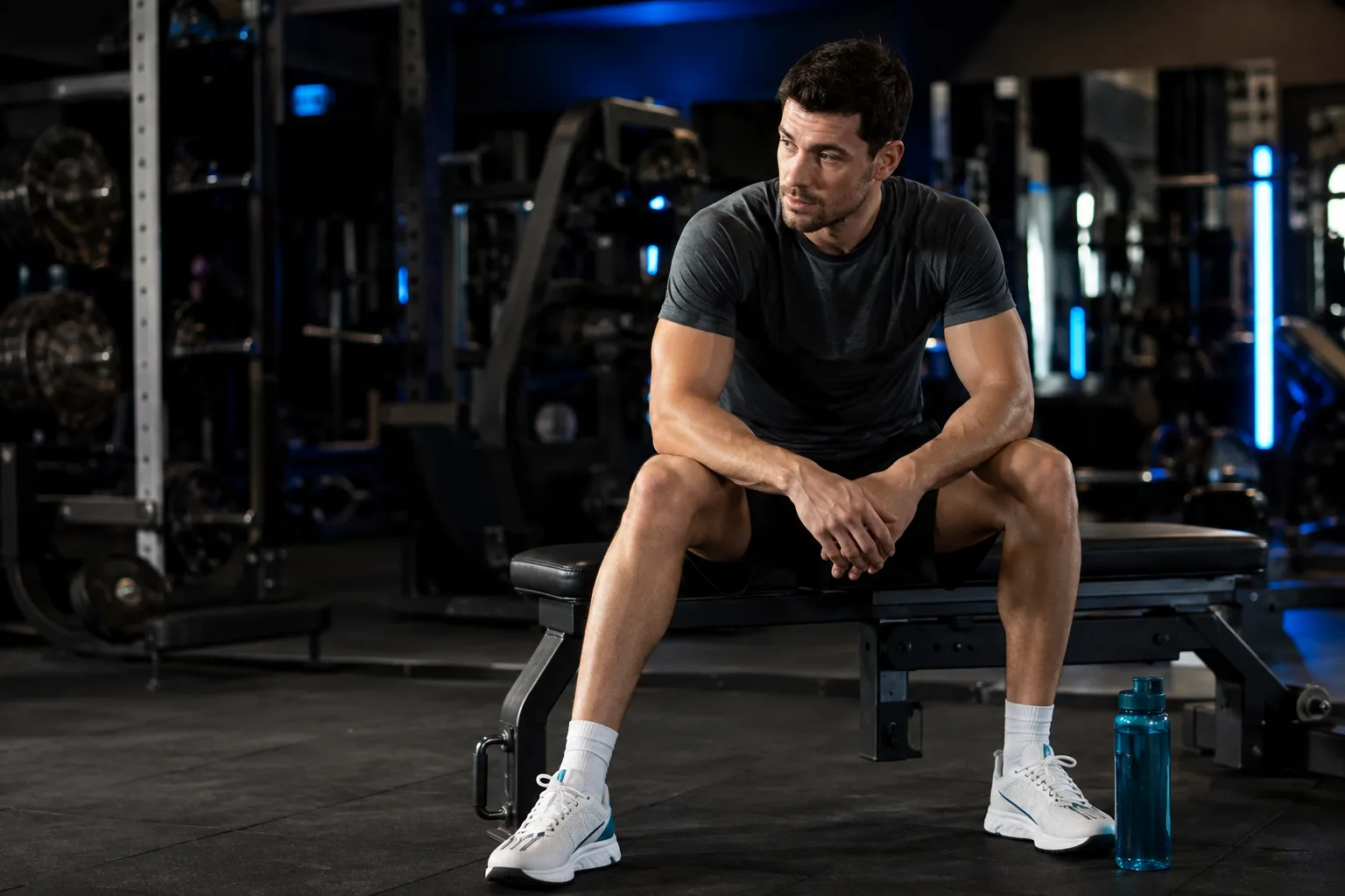 A man resting between sets