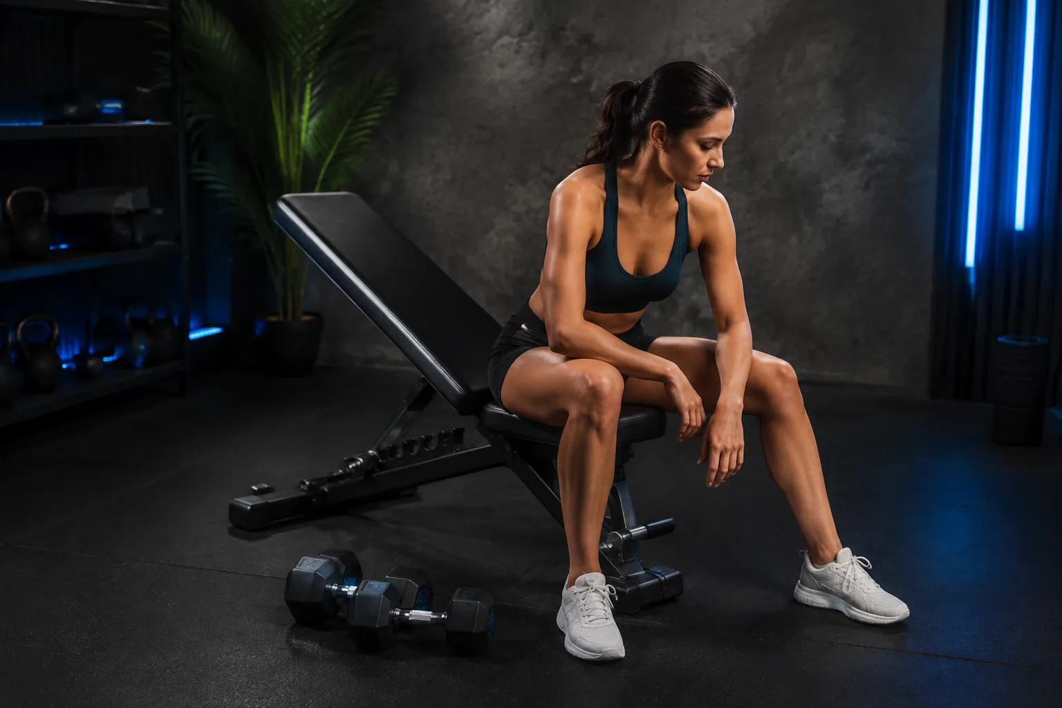 A woman seated beside a workout bench
