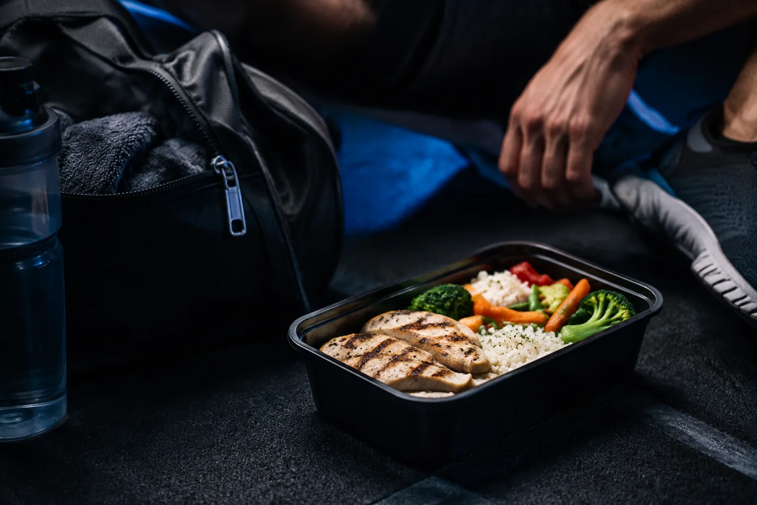 A prepared lunch beside training equipment