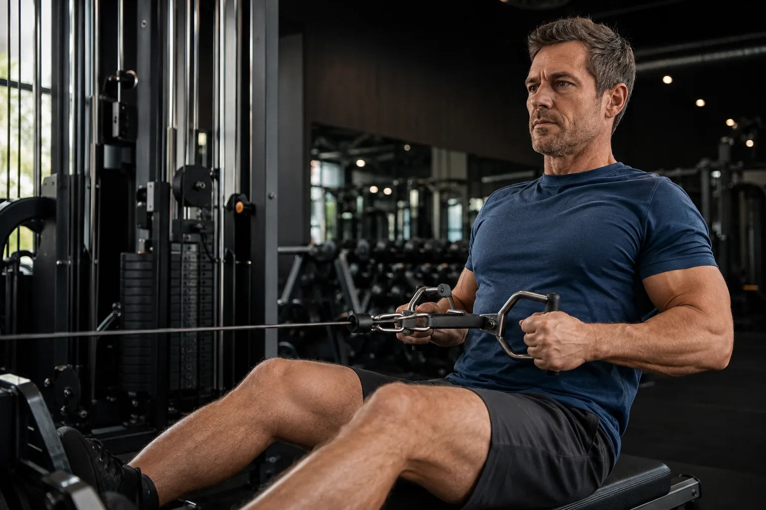 A man performing a seated cable row