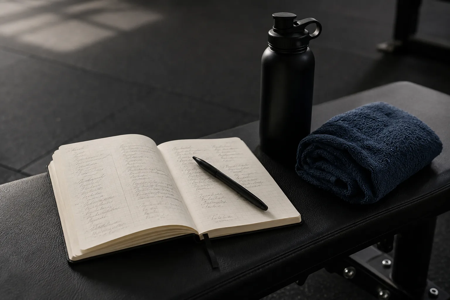 A training journal, towel, and water bottle