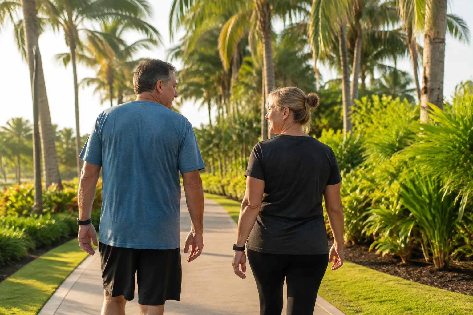 Two adults walking along a palm-lined path