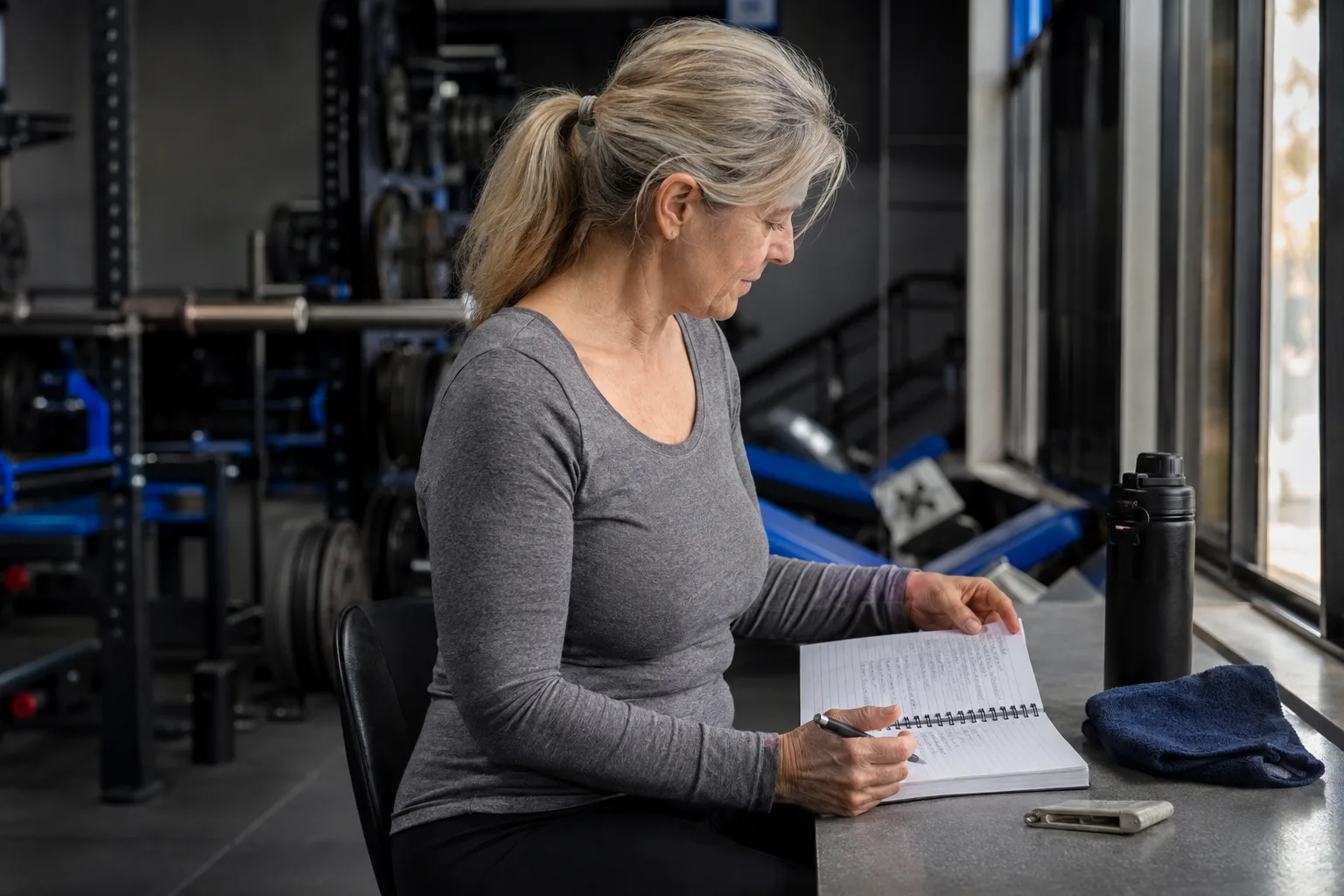 A woman reviewing her training notes