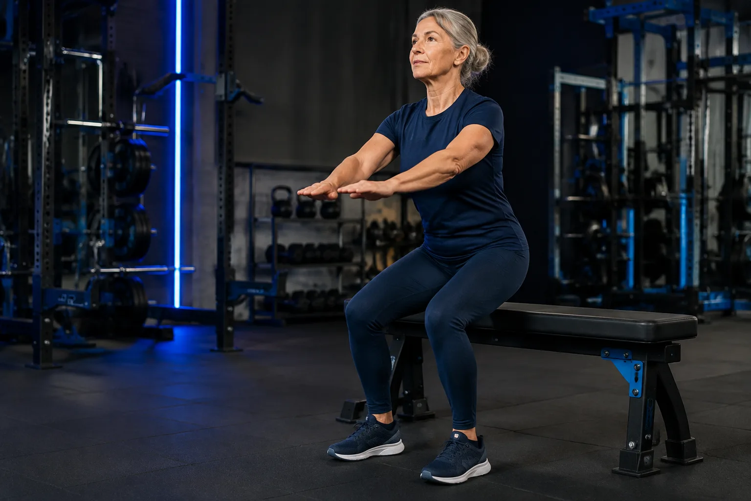 A woman practicing a sit-to-stand