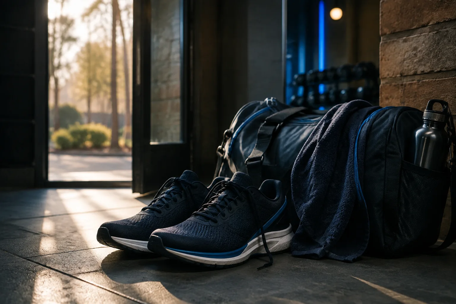 Training shoes and a packed gym bag