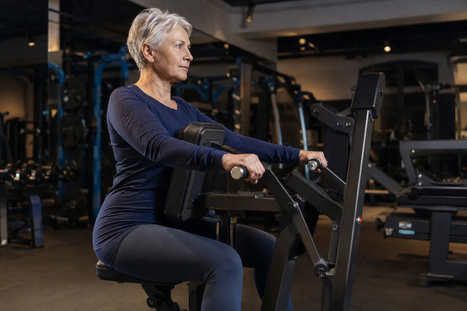 A woman using a seated row machine